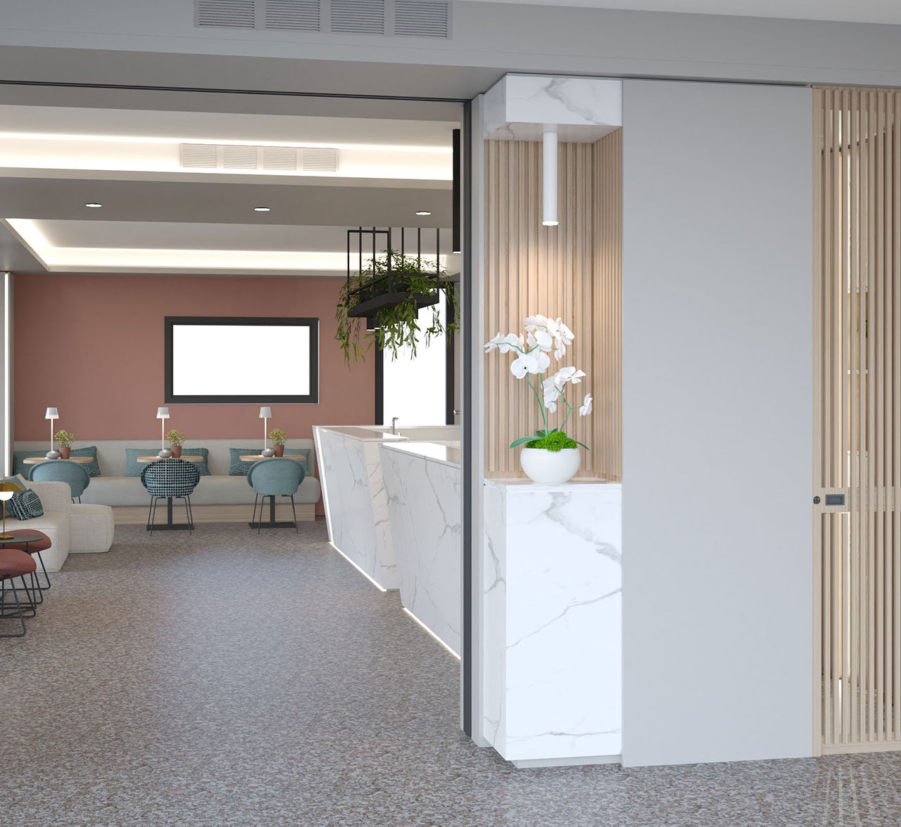progettazione-rendering-receptions-hotel-gruppo5 Progetto 3D arredamento reception hotel in marmo bianco